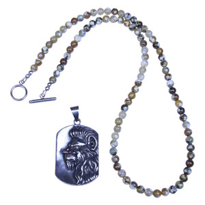 Leon 6mm Beige Agate Toggle Necklace  + Lion Pendant 23"