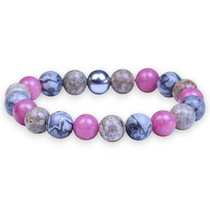 Oakley Boybeads 10mm Pink, Gray,Tan Ocean Jasper Beaded Bracelet