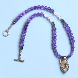 Alan 22" Handmade Boybeads Men's 8mm Purple Amethyst Crystal Necklace – Crowned Lion Edition