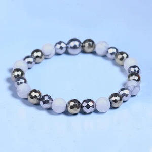 Claiborne 8mm howlite + faceted silver + light gold hematite  bead bracelet by BOYBEADS