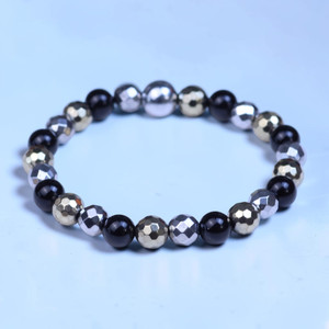 Douglas 8mm faceted silver + light gold hematite +black onyx  bead bracelet by BOYBEADS