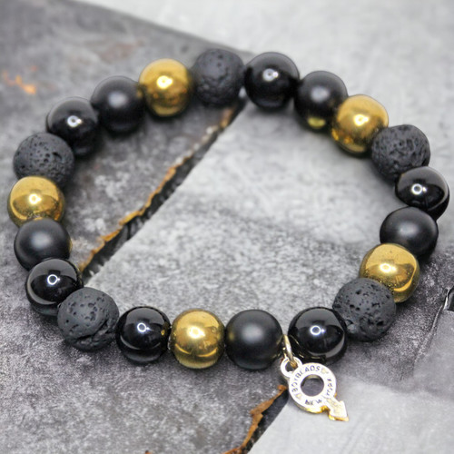 BOYBEADS "Cornell Gold" 10mm Black Obsidian, Lava, Gold Hematite Mens Bead Bracelet