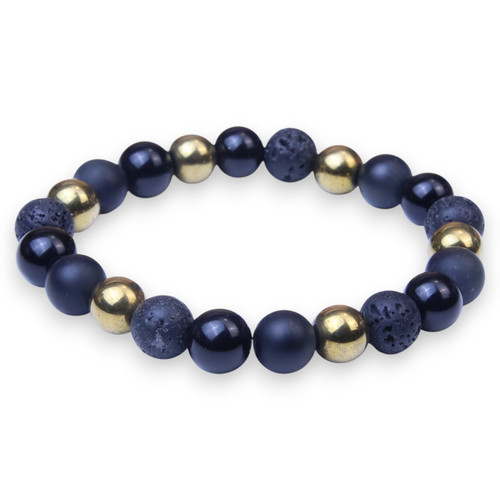 BOYBEADS "Cornell Gold" 10mm Black Obsidian, Lava, Gold Hematite Mens Bead Bracelet
