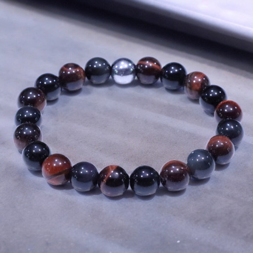 "Kai" BOYBEADS 10mm Red Tiger Eye, Black Obsidian  Bead Bracelet for Men