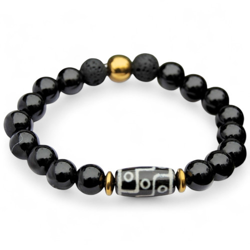 BOYBEADS Classics "Zebulon Gold TMCF-Black Obsidian + Dzi Tube Bead Bracelet for Guys