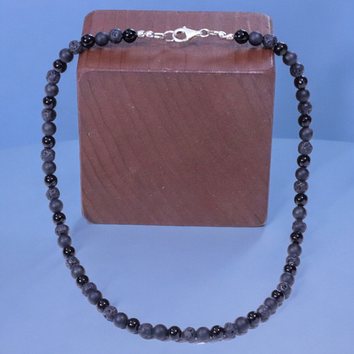 BOYBEADS Classics Abel 6mm Small Beads Black Obsidian Duo + Lava Necklace Sterling Silver Handmade Necklace for Him