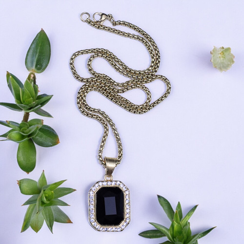 Karim Black Simulated Diamond Necklace 15 x 20mm Stone CZ Pendant BOYBEADS Black Cushion on 3mm 20" GP SS Chain