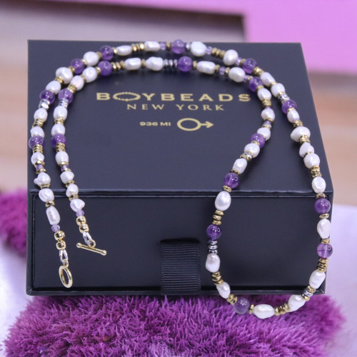 "Banks" 29" BOYBEADS Freshwater Pearls + Amethyst Sterling Silver Handmade Necklace for Him