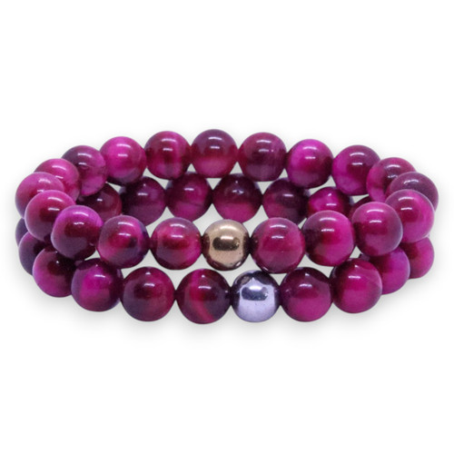 "Tony Magenta " BOYBEADS pink tiger's eye 10mm mens natural stone bead bracelet
