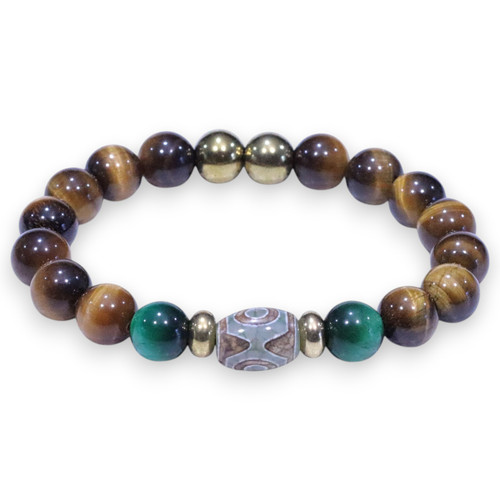 "Bretton Gold" BOYBEADS 3-Eyes 10mm Dzi Agate, Brown Tiger Eye Mens Natural Stone Bead Bracelet