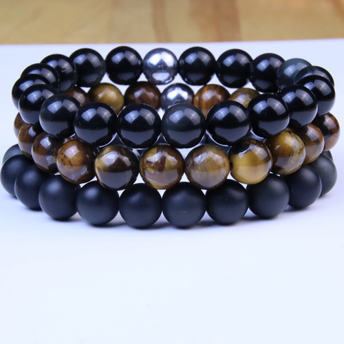 "Ambition Bundle" BOYBEADS 10mm Black Obsidian + Tiger's Eye 3 Bracelet Gift Set for Men