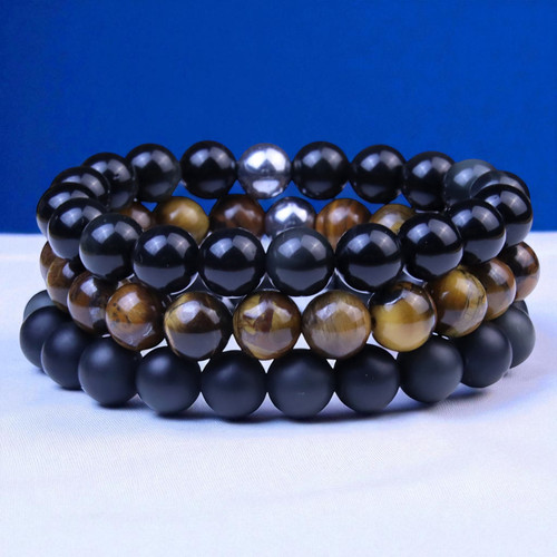 "Ambition Bundle" BOYBEADS 10mm Black Obsidian + Tiger's Eye 3 Bracelet Gift Set for Men "Ambition Bundle" BOYBEADS 10mm Black Obsidian + Tiger's Eye 3 Bracelet Gift Set for Men