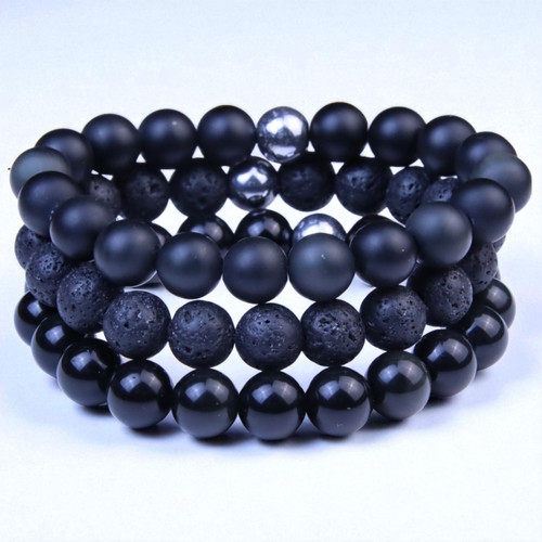 "Protection Bundle" BOYBEADS 10mm Black Obsidian + Lava 3 Bracelet Gift Set for Men