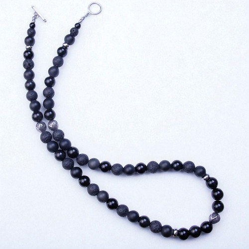 "Devon" 10mm BOYBEADS  25" Volcanic Lava + Black Obsidian Necklace Stainless Steel Toggle Handmade Necklace for Him