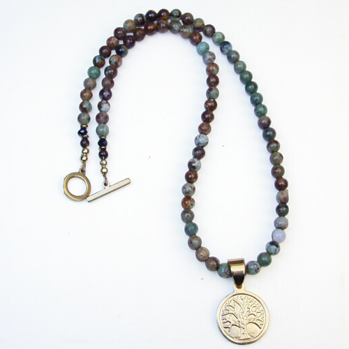 "Tree of Life" 6mm BOYBEADS  21" African Green Opal Beads Necklace Stainless Steel Toggle Handmade Necklace for Him