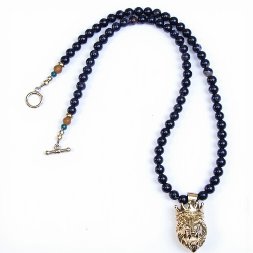 "Lenox" Lion King 21"Small 6mm BOYBEADS  25" Black Tourmaline Necklace Stainless Steel Toggle Handmade Necklace for Him