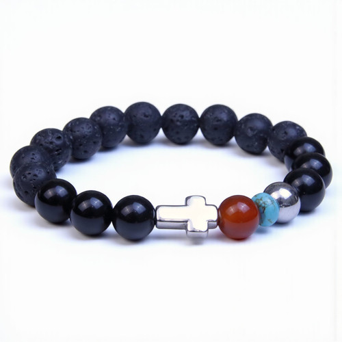 "Christian" BOYBEADS 10mm Cross Black Obsidian + Lava Bracelet for Men "Christian" BOYBEADS 10mm Cross Black Obsidian + Lava Bracelet for Men
