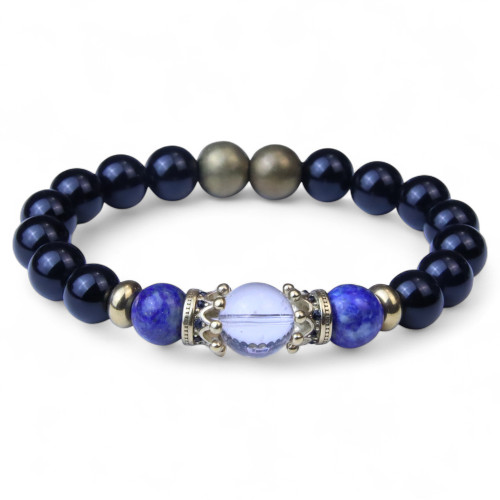 "Prince Aldrick" BOYBEADS natural 10mm matte black obsidian, lapis lazuli stainless steel crown beaded bracelet for guys