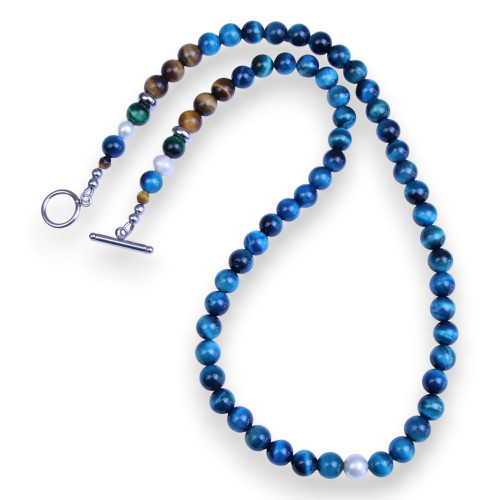 Claude 22.5" Blue Tigers Eye Necklace, Freshwater Pearl Accent
