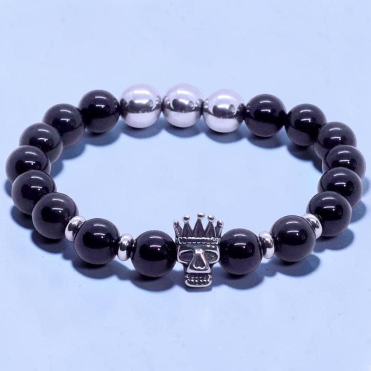 BOYBEADS 'Reflection' Natural 10mm Black Obsidian Stainless Steel Crowned Skull Beaded Bracelet