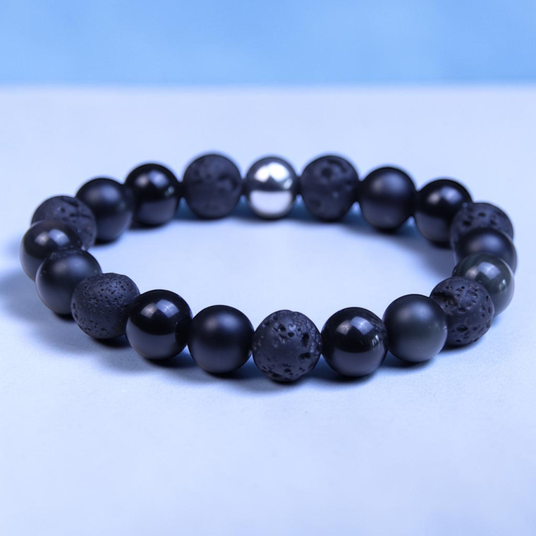 Abel by BOYBEADS 10mm Black Obsidian + Lava Handmade Beaded Bracelet for Men
