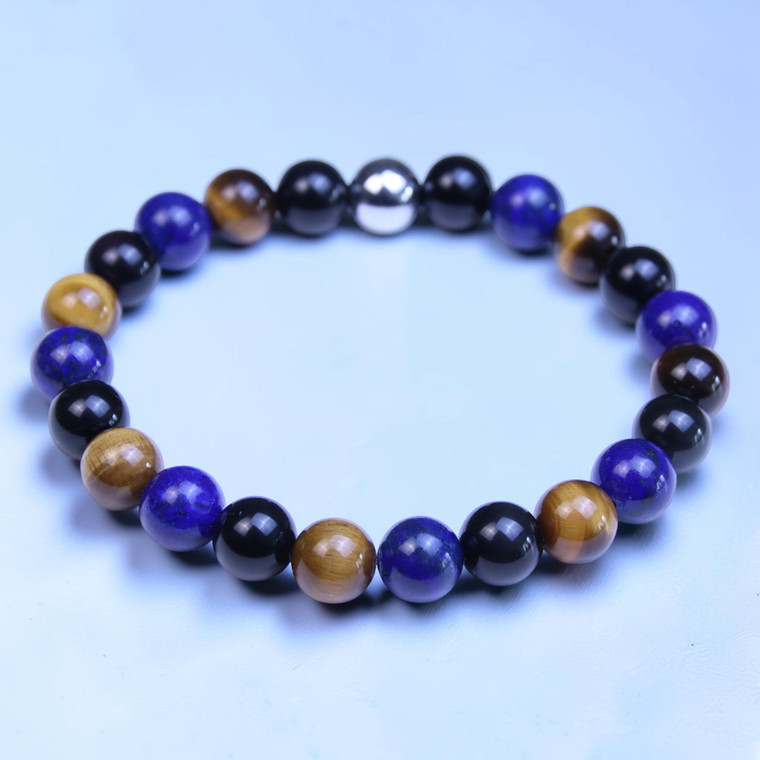 Robert 8mm Natural Blue Lapis Lazuli, Black Obsidian, Tiger's Eye Bead Bracelet for Men