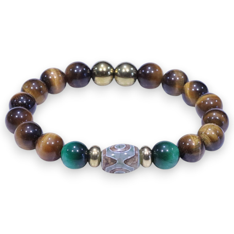 "Bretton Gold" BOYBEADS 3-Eyes 10mm Dzi Agate, Brown Tiger Eye Mens Natural Stone Bead Bracelet