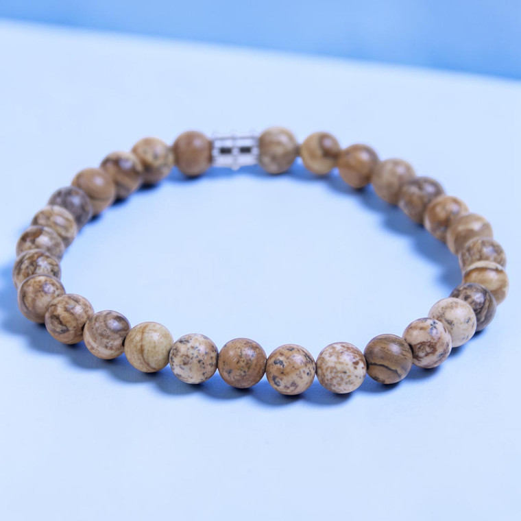 Perry 6mm brown picture jasper small bead bracelet by BOYBEADS 