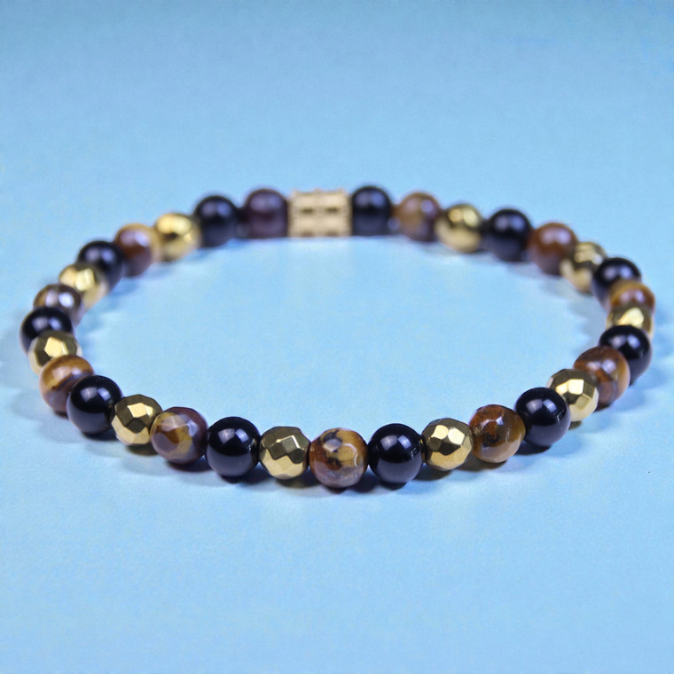 Donald Gold 6mm faceted tigers eye + hematite Beaded Bracelet by BOYBEADS