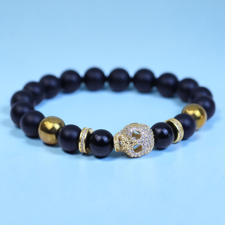 Cranium Noir  BOYBEADS 10mm Black Obsidian Skull  CZ Mens Bead Bracelet