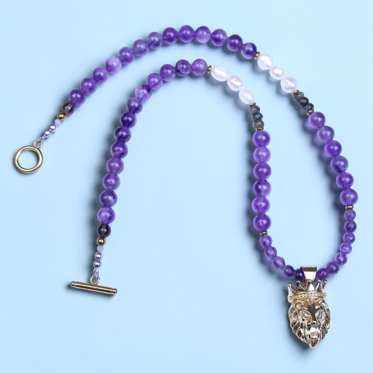 Alan 22" Handmade Boybeads Men's 8mm Purple Amethyst Crystal Necklace – Crowned Lion Edition