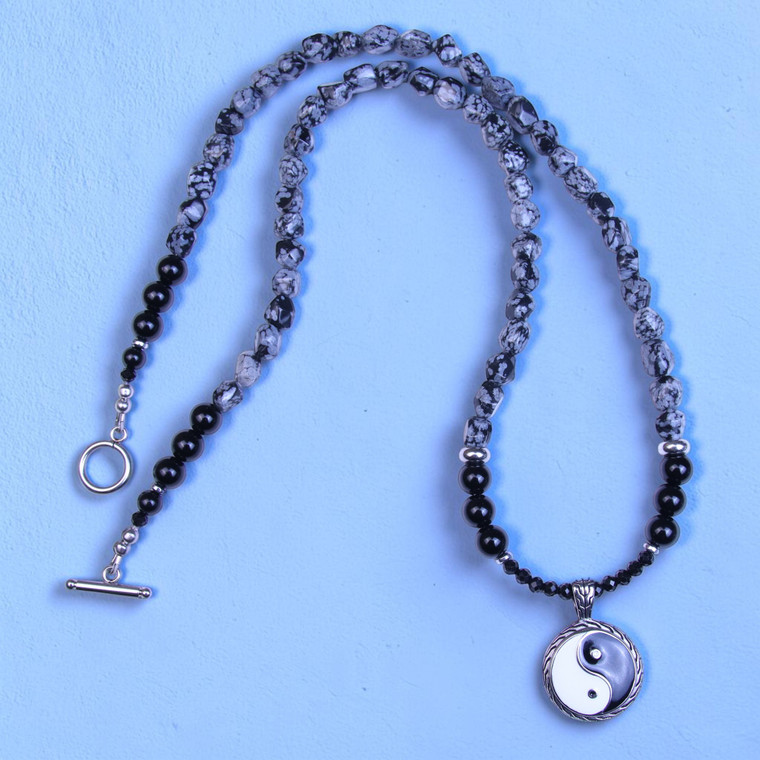 BoyBeads 27" Snowflake Obsidian & Black Onyx Yin Yang Necklace