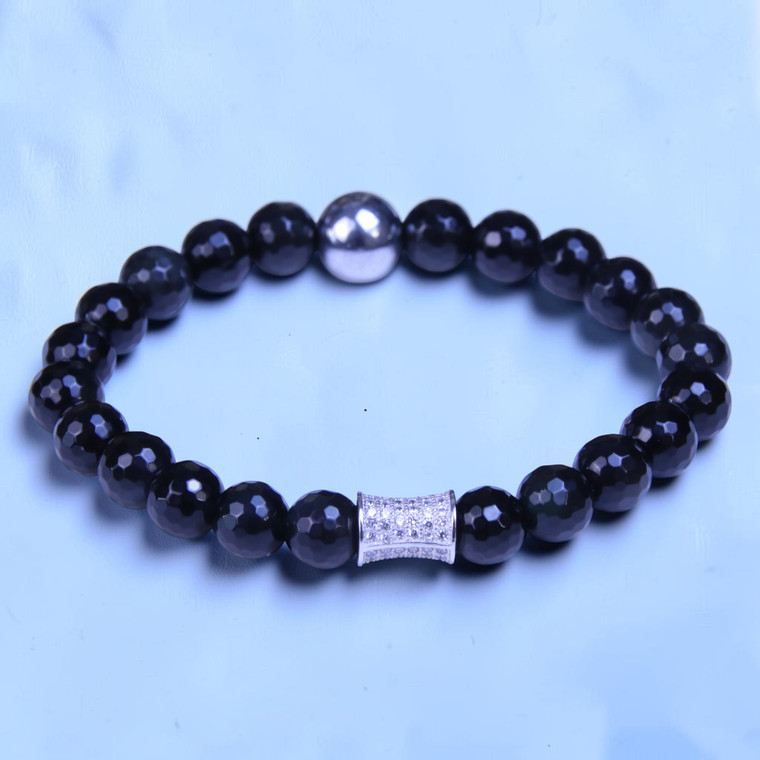 Corinthian BOYBEADS 8mm Faceted Black Obsidian + Sterling Silver CZ Bead Bracelet