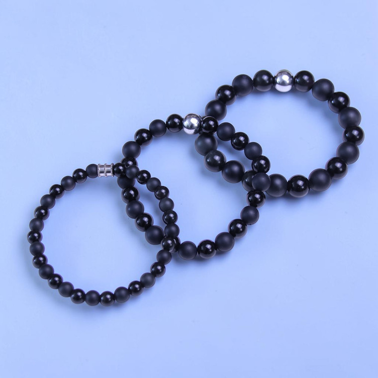 The Dark Knight Gift Set of 3 BOYBEADS Matte + Polished Black Obsidian Men's Beaded Bracelets