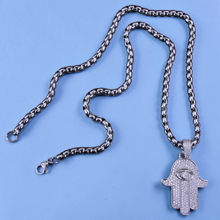 Hand of Fatima 24" Stainless Steel CZ Statement Hamsa Fashion Jewelry Necklace