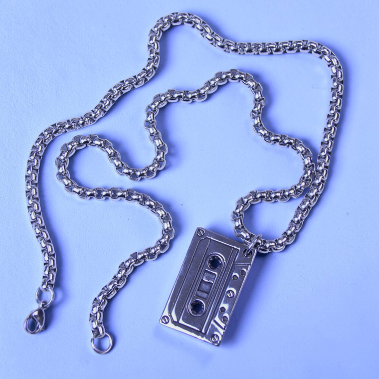 'Cassette' Boybeads 24" Retro Cassette Tape Pendant Stainless Steel Statement Necklace