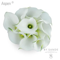 White Mini calla lilies are small, trumpet-shaped blooms; they have one large petal, which tapers off and curls to one side.  Bunches of 10 stems.