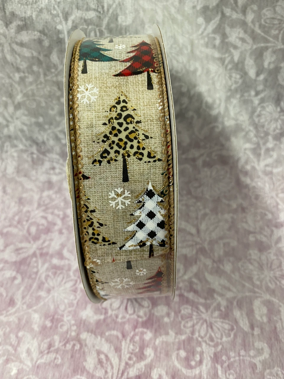 Ribbon-Stn Natural Linen/Cheetah-Buffalo Plaid Tree #40 x 50 yards