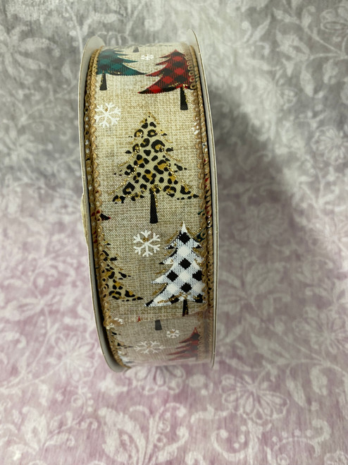 Ribbon-Stn Natural Linen/Cheetah-Buffalo Plaid Tree #40 x 50 yards