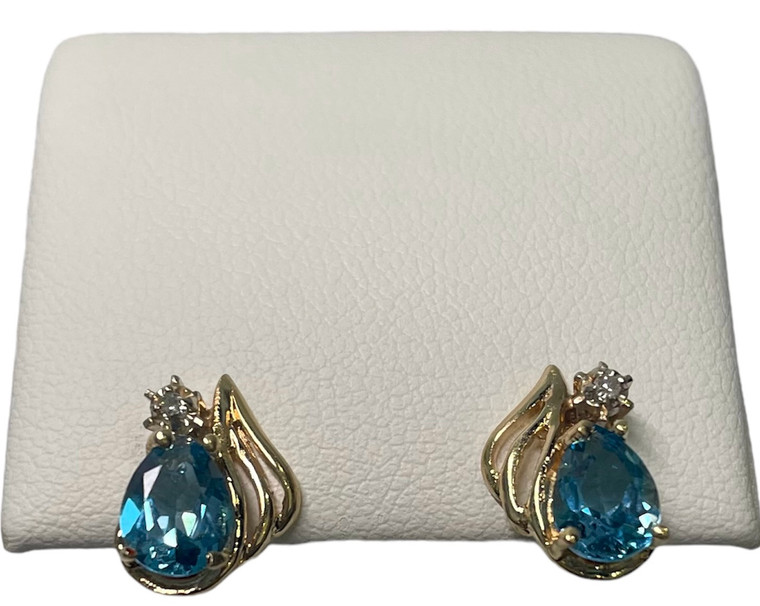 14k Yellow Gold Stud Earrings Blue Topaz & Diamond. SKU:879876. Available at DiamondBayJewelers.com