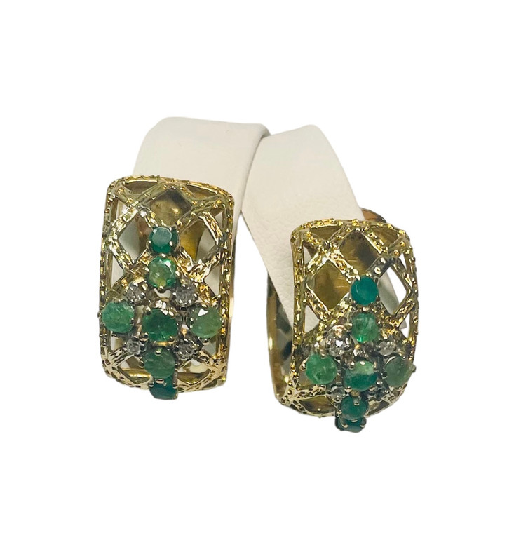 14K Yellow Gold Emerald & Diamond Estate Hoop Earrings.  SKU: 317861.  Available at DiamondBayJewelers.com