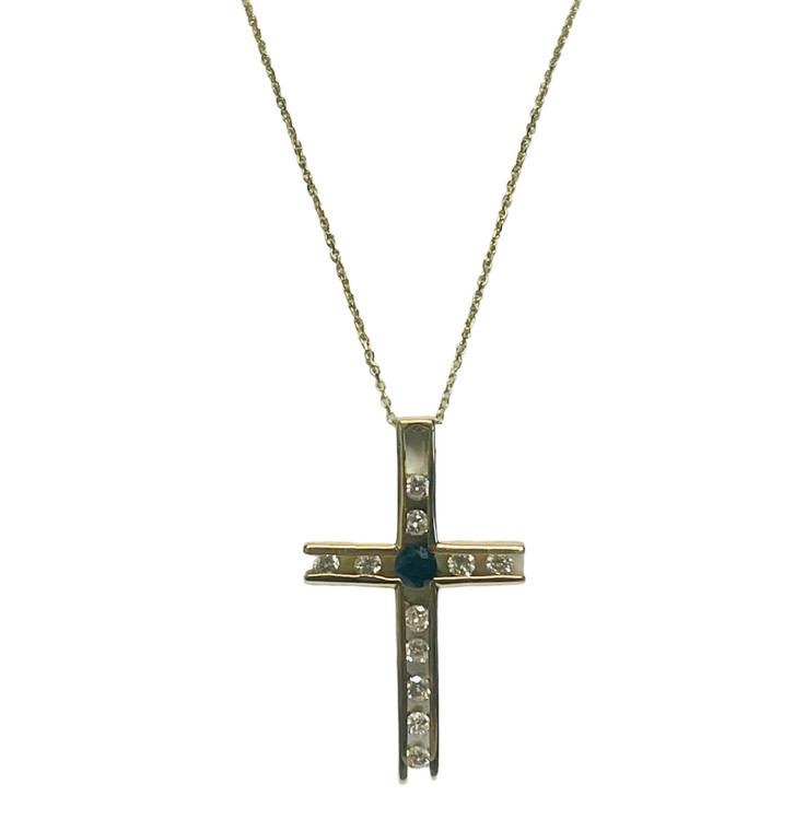 14K Yellow Gold Diamond & Blue Sapphire Cross with Adjustable Chain.  SKU: 162873.  Available at DiamondBayJewelers.com