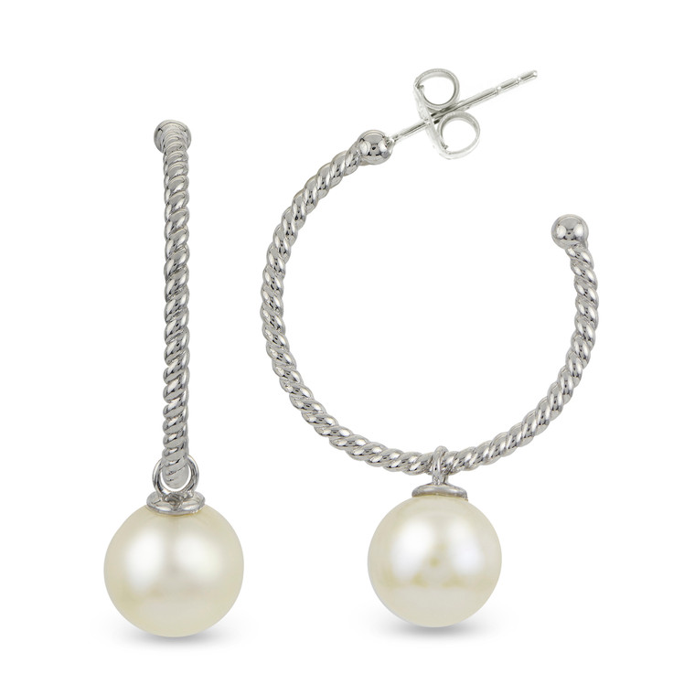 Sterling Silver Fresh Water Cultured Pearl Hoop Earrings with dangle Pearls.  SKU: 626710.  Available at DiamondBayJewelers.com
