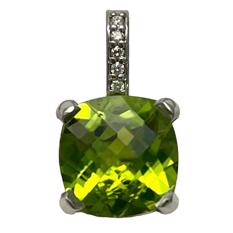 14KW Peridot Cushion & Natural Diamond Pendant.  SKU: 876600.  Available at DiamondBayJewelers.com