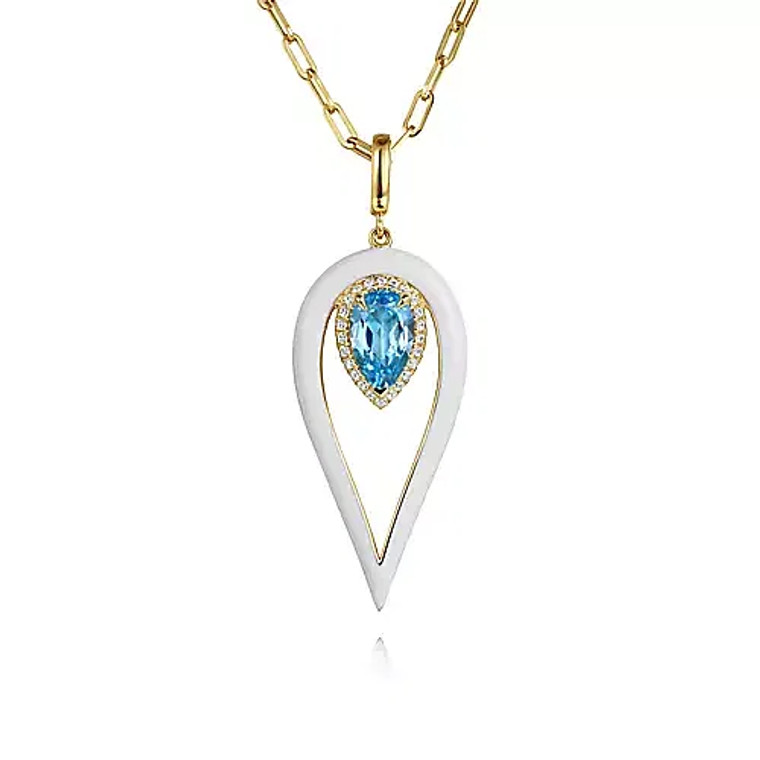 14K Yellow Gold Diamond and Blue Topaz  & Enamel Pear Drop Necklace.  SKU: 821171.  Available at DiamondBayJewelers.com NK7473E9Y45BT
