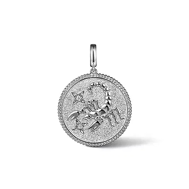 925 Sterling Silver White Sapphire Scorpio Medallion Pendant.  SKU: 821170.  Available at DiamondBayJewelers.com