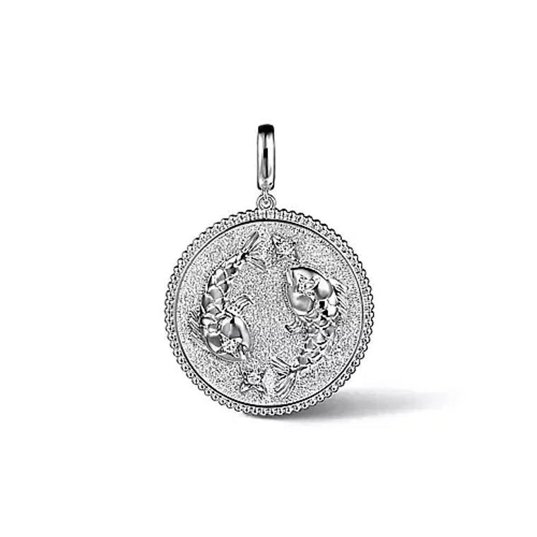 925 Sterling Silver White Sapphire Pisces Medallion Pendant.  SKU: 821166.  Available at DiamondBayJewelers.com