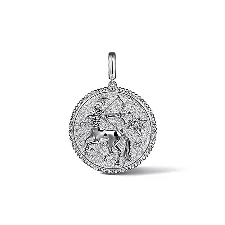 925 Sterling Silver White Sapphire Sagittarius Medallion Pendant.  SKU: 821165.  Available at DiamondBayJewelers.com