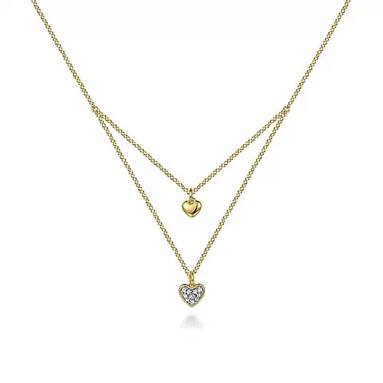 Gabriel & Co. 14K Yellow Gold Diamond Double Heart Pendant Necklace.  SKU: 180815.  Available at DiamondBayJewelers.com