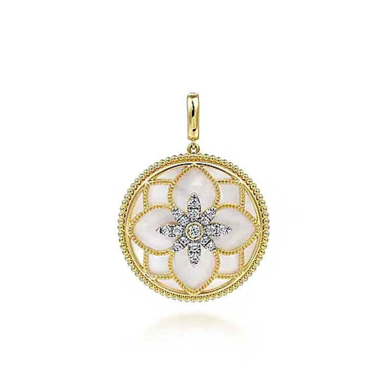 Gabriel & Co. 14K Yellow Gold 32mm Bujukan Diamond and Mother of Pearl Medallion Pendant.  SKU: 181563.  Available at DiamondBayJewelers.com PT6625Y45WM